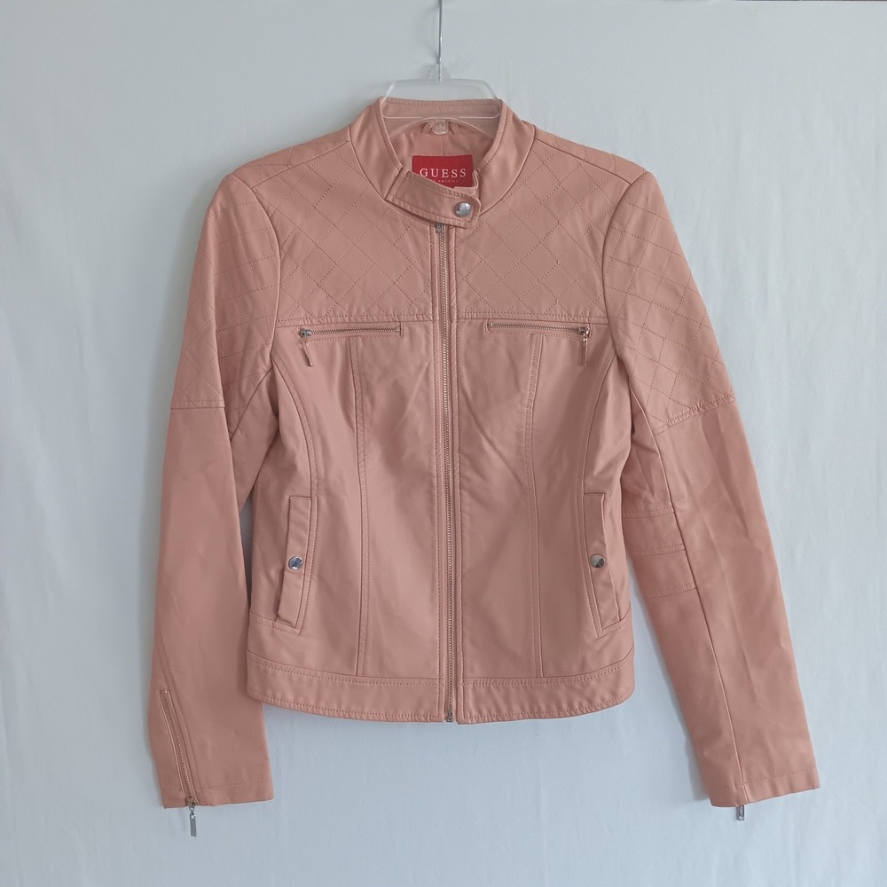 Guess Moto Jacket Women Size M Pink Quilted Faux Leather Q83L10R0E30